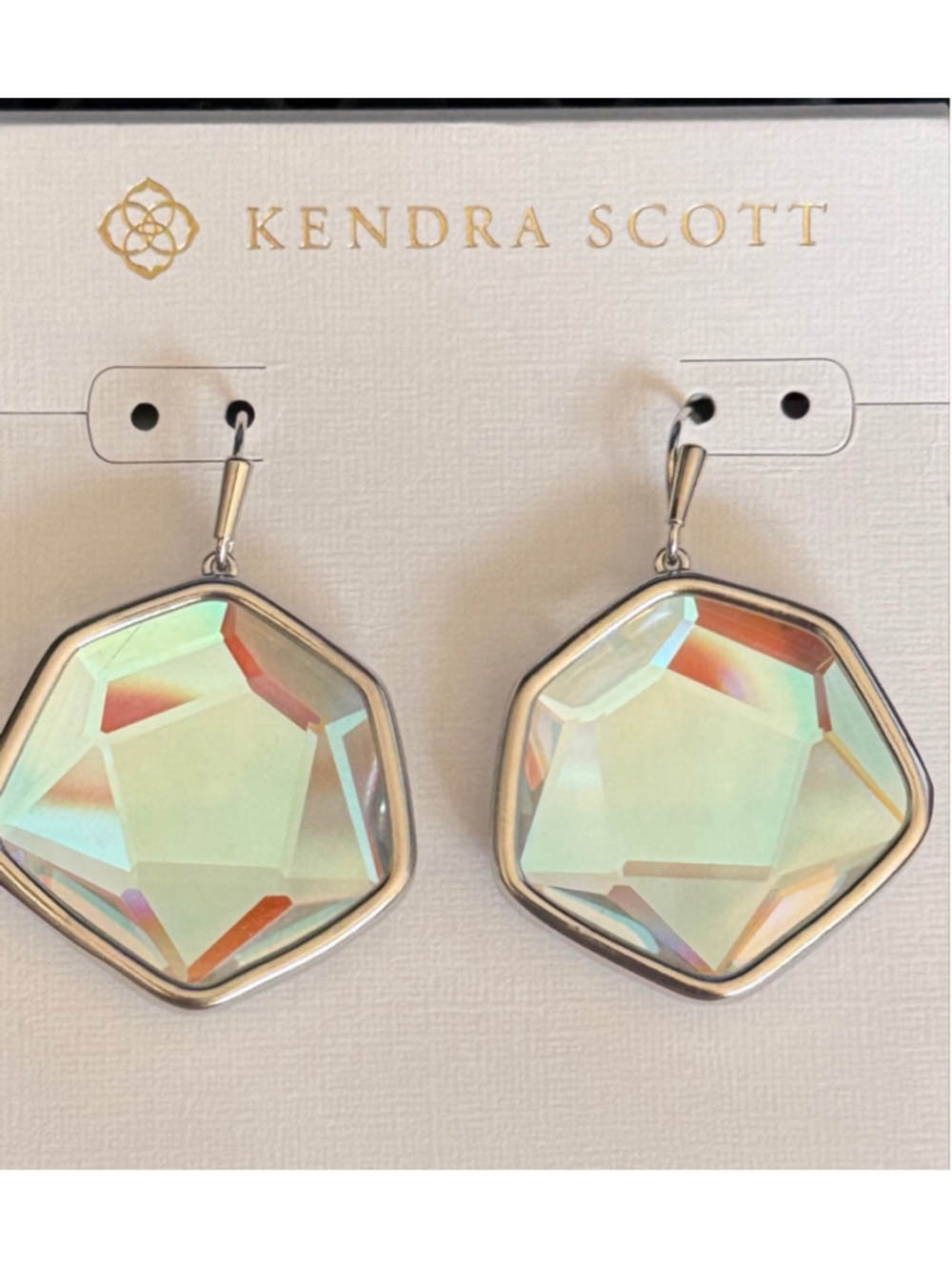 New Kendra Scott rhodium and dichroic glass drop earrings - Picture 3 of 7